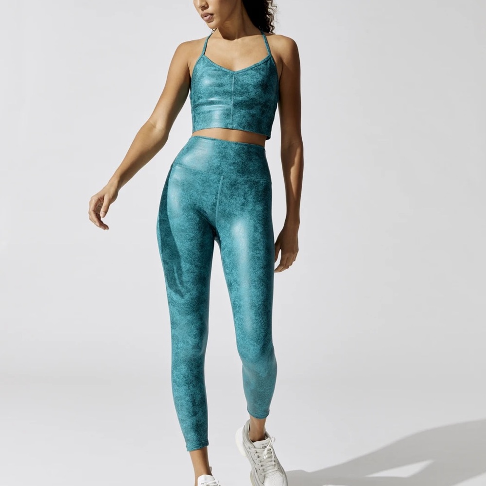 Carbon38 Leatherette Longline Bra & 7/8 Legging Set XS Dark teal velvet green